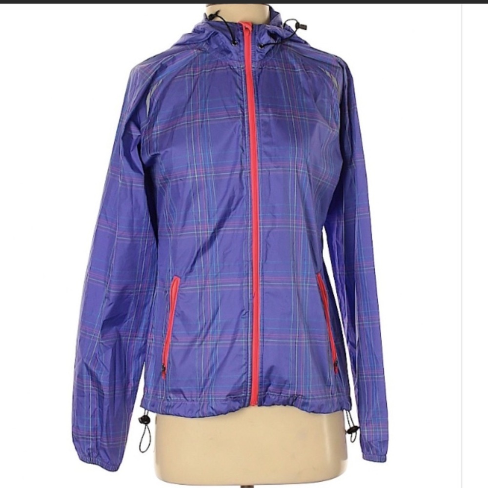 Reebok Purple Plaid Windbreaker Jacket Hood Full Zip Pockets Sportswear Women M